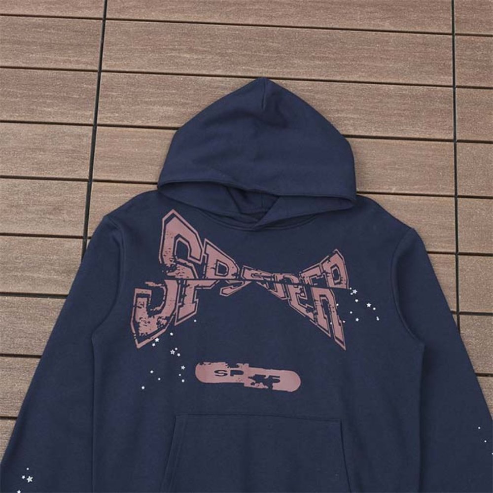 Sp5der Navy Blue & Brown Logo Pullover Hoodie Sweatshirt - Picture 7 of 13